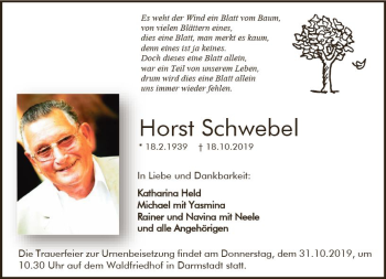 Traueranzeige von Horst Schwebel von vrm-trauer