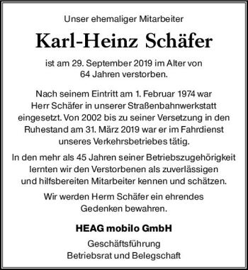 Traueranzeige von Karl-Heinz Schäfer von vrm-trauer