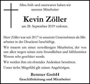 Traueranzeige von Kevin Zöller von vrm-trauer
