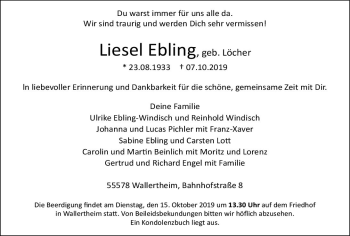 Traueranzeige von Liesel Ebling von vrm-trauer