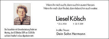 Traueranzeige von Liesel Kölsch von vrm-trauer