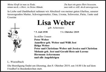 Traueranzeige von Lisa Weber von vrm-trauer