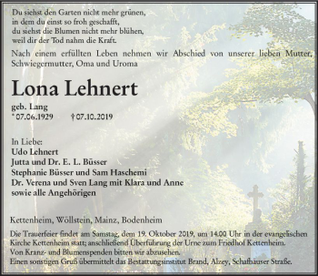 Traueranzeige von Lona Lehnert von vrm-trauer