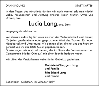 Traueranzeige von Lucia Lang von vrm-trauer