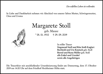 Traueranzeige von Margarete Stoll von vrm-trauer