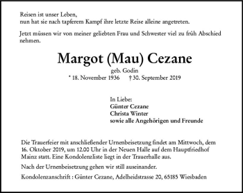 Traueranzeige von Margot Cezane von vrm-trauer