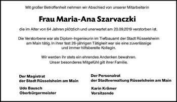 Traueranzeige von Maria-Ana Szarvaczki von vrm-trauer
