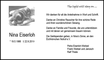 Traueranzeige von Nina Eiserloh von vrm-trauer