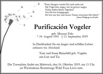 Traueranzeige von Purificación Vogeler von vrm-trauer