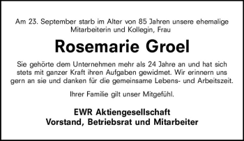 Traueranzeige von Rosemarie Groel von vrm-trauer