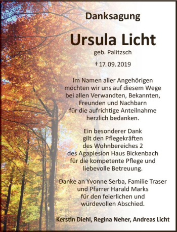 Traueranzeige von Ursula Licht von vrm-trauer