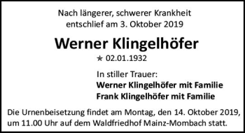 Traueranzeige von Werner Klingelhöfer von vrm-trauer
