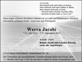 Traueranzeige von Werra Jacobi von vrm-trauer
