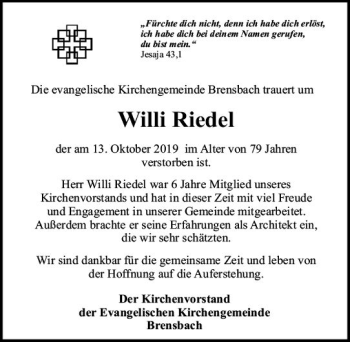 Traueranzeige von Willi Riedel von vrm-trauer