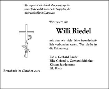Traueranzeige von Willi Riedel von vrm-trauer