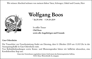 Traueranzeige von Wolfgang Boos von vrm-trauer