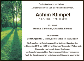 Traueranzeige von Achim Klimpel von vrm-trauer Traueranzeige von Achim Klimpel von vrm-trauer