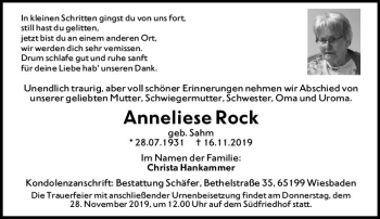 Traueranzeige von Anneliese Rock von vrm-trauer