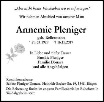Traueranzeige von Annemie Pleniger von vrm-trauer