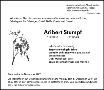 Traueranzeige von Aribert Stumpf von vrm-trauer