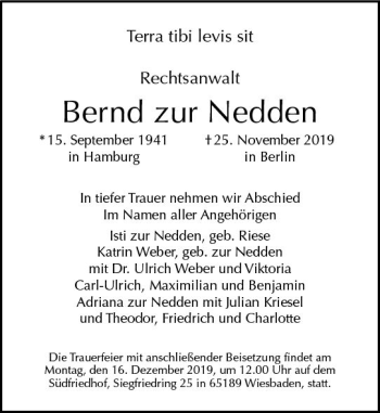 Traueranzeige von Bernd zur Nedden von vrm-trauer