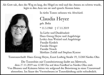 Traueranzeige von Claudia Heger von vrm-trauer
