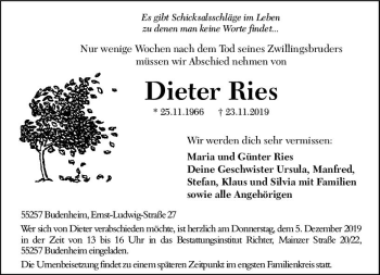 Traueranzeige von Dieter Ries von vrm-trauer