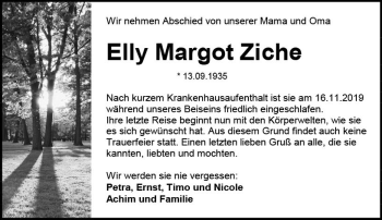 Traueranzeige von Elly Margot Ziche von vrm-trauer