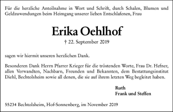 Traueranzeige von Erika Oehlhof von vrm-trauer