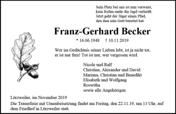 Traueranzeige von Franz-Gerhard Becker von vrm-trauer Traueranzeige von Franz-Gerhard Becker von vrm-trauer