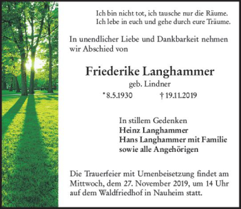Traueranzeige von Friederike Langharnmer von vrm-trauer