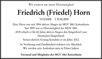 Traueranzeige von Friedrich Friedel Horn von vrm-trauer