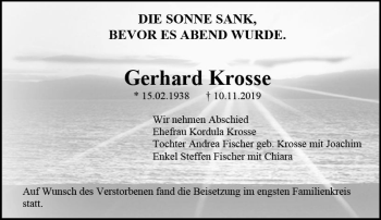 Traueranzeige von Gerhard Krosse von vrm-trauer Traueranzeige von Gerhard Krosse von vrm-trauer