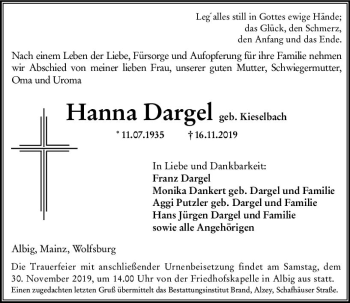 Traueranzeige von Hanna Dargel von vrm-trauer