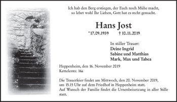 Traueranzeige von Hans Jost von vrm-trauer Traueranzeige von Hans Jost von vrm-trauer