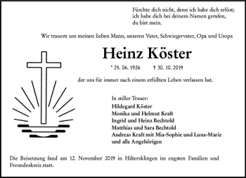 Traueranzeige von Heinz Köster von vrm-trauer Traueranzeige von Heinz Köster von vrm-trauer