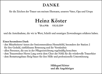 Traueranzeige von Heinz Köster von vrm-trauer Traueranzeige von Heinz Köster von vrm-trauer