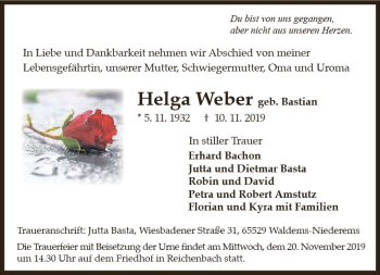 Traueranzeige von Helga Weber von vrm-trauer Traueranzeige von Helga Weber von vrm-trauer