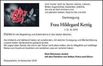 Traueranzeige von Hildegard Kettig von vrm-trauer