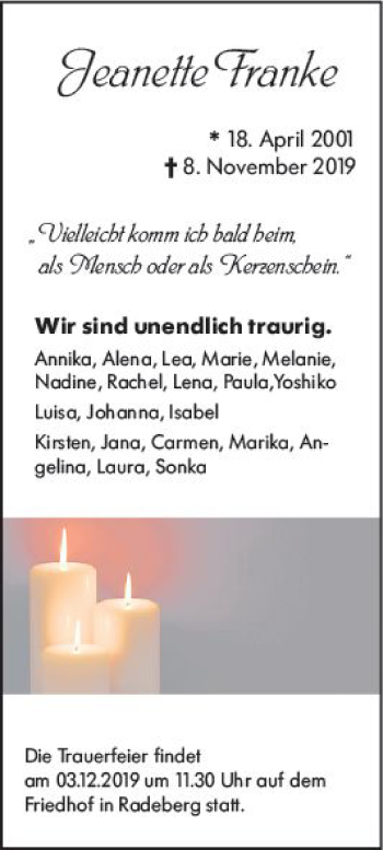 Traueranzeige von Jeanette Franke von vrm-trauer Traueranzeige von Jeanette Franke von vrm-trauer