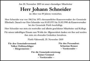 Traueranzeige von Johann Schneider von vrm-trauer