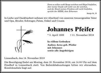 Traueranzeige von Johannes Pfeifer von vrm-trauer Traueranzeige von Johannes Pfeifer von vrm-trauer