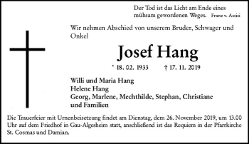 Traueranzeige von Josef Hang von vrm-trauer