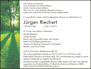 Traueranzeige von Jürgen Riechen von vrm-trauer