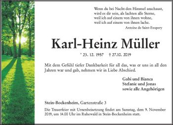 Traueranzeige von Karl-Heinz Müller von vrm-trauer Traueranzeige von Karl-Heinz Müller von vrm-trauer