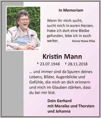 Traueranzeige von Kristin Mann von vrm-trauer