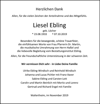 Traueranzeige von Liesel Ebling von vrm-trauer