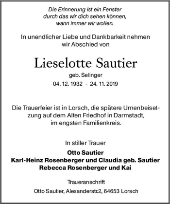 Traueranzeige von Lieselotte  Sautier von vrm-trauer