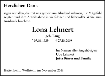 Traueranzeige von Lona Lehnert von vrm-trauer