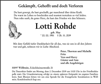 Traueranzeige von Lotti Rohde von vrm-trauer